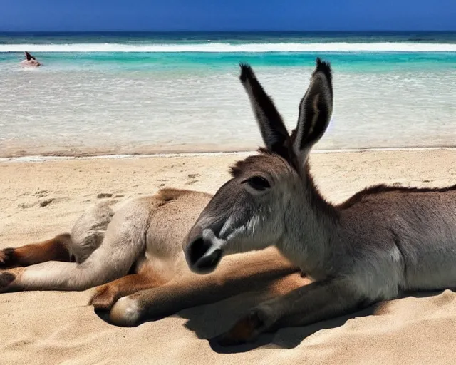 Image similar to realistic photo of a donkey wearing a suit sunbathing on a sunbed at the beach