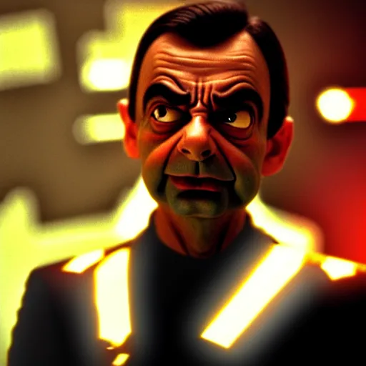 Image similar to mr. bean as the terminator. movie still. red glowing eye. t 1 0 0 0, cinematic lighting.