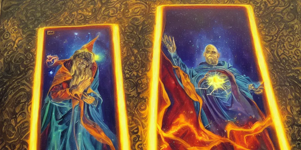 Image similar to magical tarot card held up by a wizard with a glow of power, oil painting, detailed