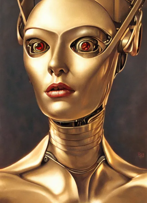 Prompt: beautiful female robot from film metropolis, portrait by gerald brom, colorul, extreme detail, reflections, trending on artstation, 8 k
