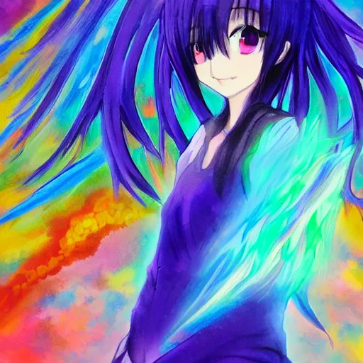 Prompt: cute anime portrait of a deity trending on PIXIV with that ULTRA FLUORESCENT HIGH VELOCITY skybeams type of painterly impasto brush strokes