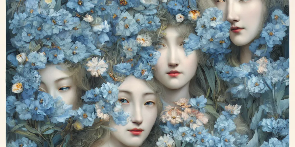 Image similar to breathtaking detailed concept art painting art deco pattern of blonde faces goddesses amalmation light - blue flowers with anxious piercing eyes and blend of flowers and birds, by hsiao - ron cheng and john james audubon, bizarre compositions, exquisite detail, extremely moody lighting, 8 k