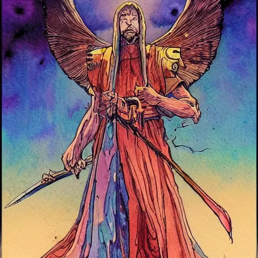 Image similar to a watercolor ink painting of a archangel with a broken halo wielding a jagged fiery blade in the style of jean giraud in the style of moebius trending on artstation deviantart pinterest detailed realistic hd 8 k high resolution