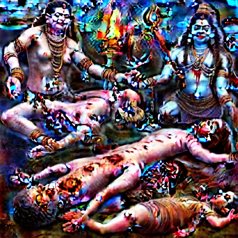 Prompt: kali with her tongue sticking out standing over the corpse of shiva, digital art, hyperrealistic nightmare scene, supernatural, highly detailed, creepy, terrifying