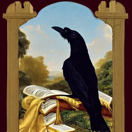 Image similar to beautifully detailed animal portrait of a detailed raven looking at a book laid out on a golden silk cloth, in a serene beautiful stone arched garden at beautiful sunrise by john james audubon and sidney cooper and frederic leighton and by rosetti, 4 k, artstation