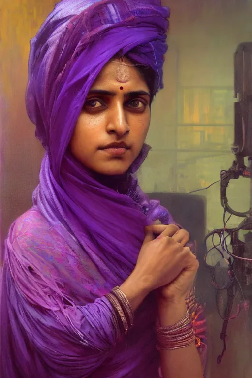 Image similar to hyperrealist portrait of a young indian american woman wearing a purple niqab, it is decorated with long wires and computer monitors are all over their body within the cyberpunk office background. by jeremy mann and alphonse mucha, fantasy art, photo realistic, dynamic lighting, artstation, poster, volumetric lighting, very detailed faces, 8 k, award winning