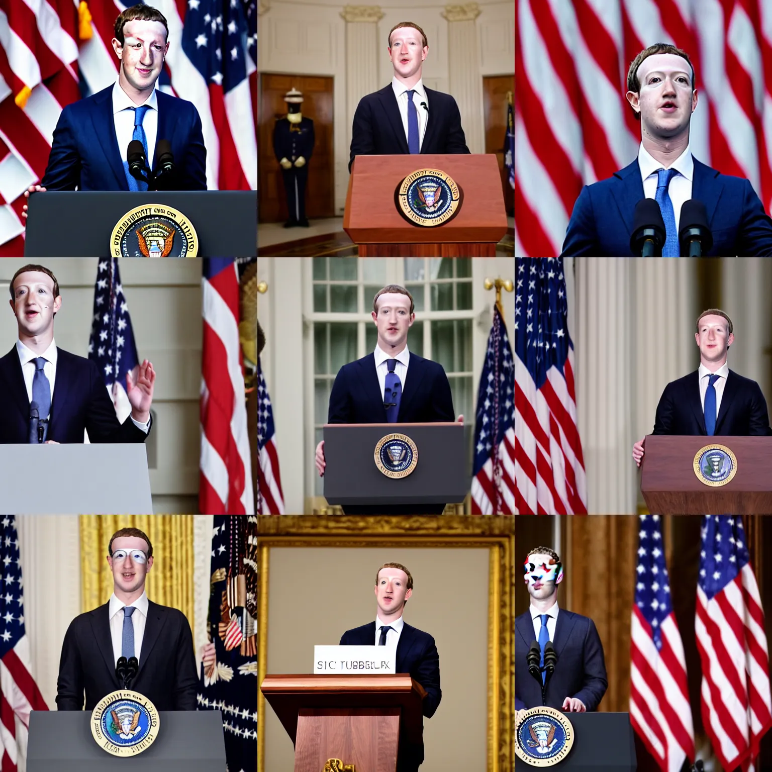 Image similar to mark zuckerberg as the president of the united states wearing a suit standing at the presidential podium