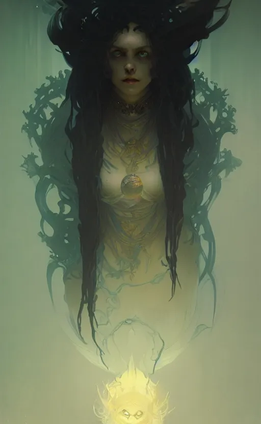 Image similar to a personification of the abyss, highly detailed, digital painting, artstation, concept art, sharp focus, illustration, art by greg rutkowski and alphonse mucha