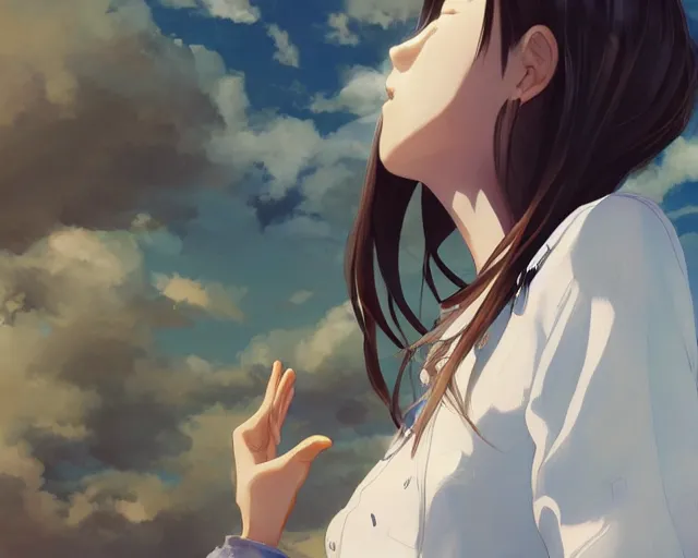 Image similar to teen looking at blue sky, wearing white shirt, back turned, looking up, illustration, by pine ( ハイネ ) and 薯 子 imoko and 香 川 悠 作 and wlop and maya takamura, highly detailed, trending artstation, pixiv, digital art