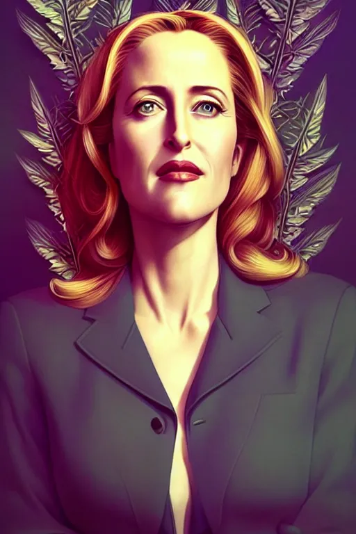 Prompt: young gillian anderson portrait, art deco, x - files, intricate art deco leaf designs, elegant, highly detailed, sharp focus, art by artgerm and beeple and greg rutkowski and wlop