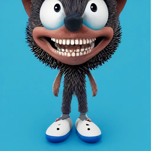 Image similar to anthropomorphic blue hedgehog with human teeth, studio portrait