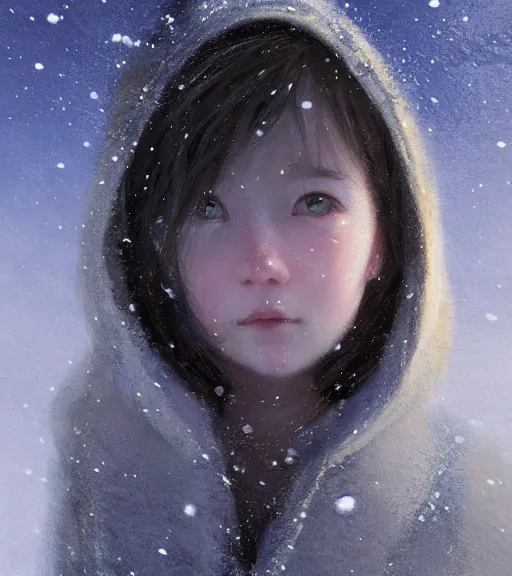 Image similar to face portrait of a beautiful girl in a coat, close portrait, snow - covered small house in a background, night, stars in the sky, the milky way in the sky, winter landscape, painting by craig mullins, octane rendering, wide angle lens, in the style of hayao miyazaki, trending on artstation,