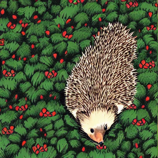 Prompt: hedgehog in hedgehog pyjamas climbing over hedge, cartoon