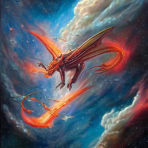 Image similar to an alien dragon flying in outer space, epic nebula, Dan Seagrave art