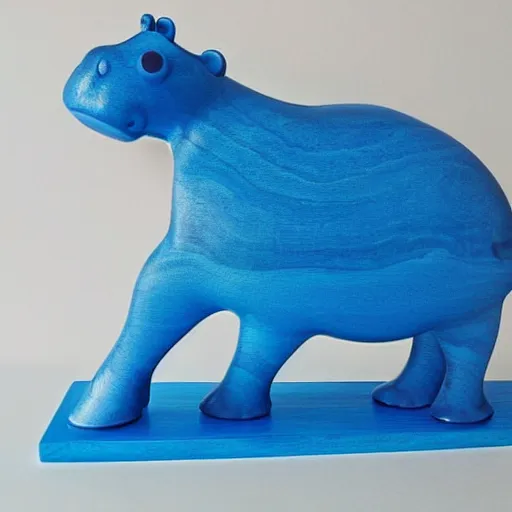 Image similar to expertly crafted etsy kids natural wood hippopotamus expertly fused with blue epoxy. the back of the wood shining hippo is made of blue epoxy. with a white photographers background.