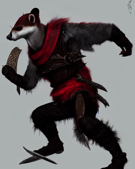 Prompt: inigo the fully - voiced red / black roguish handsome weasel / stoat thief companion, skyrim mod, photorealistic, dungeons & dragons concept fanart by liam wong