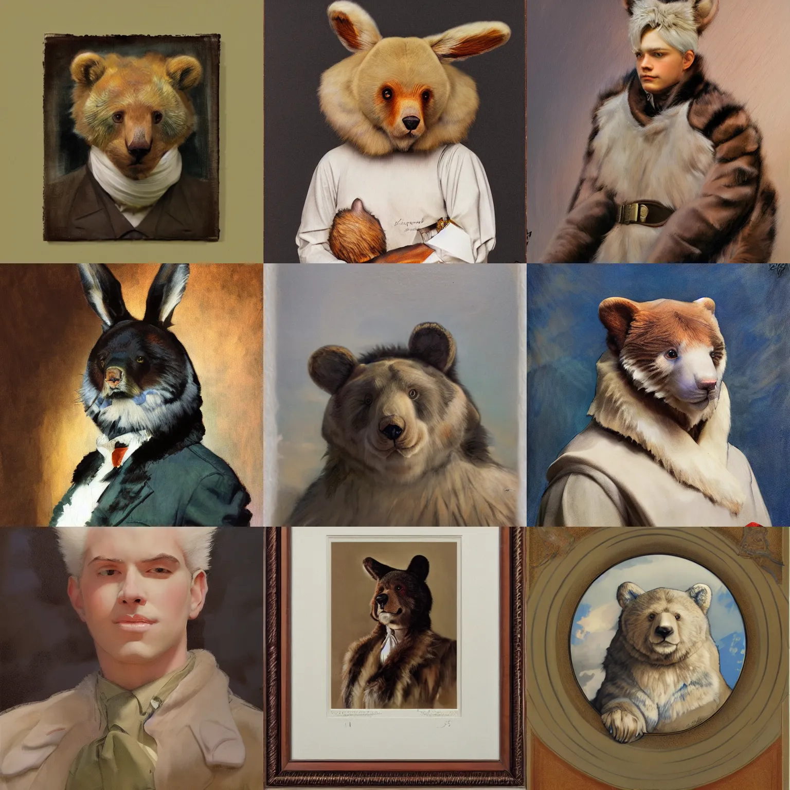 Prompt: mixed media, painting by sargent and leyendecker and greg hildebrandt, james gurney, apollinaris vasnetsov, savrasov levitan polenov, studio ghibli style, porcelain organic tissue, detailed fur, bear rabbit hybrid character portrait, octane rendering