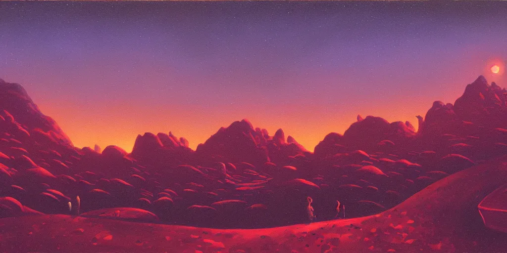 Prompt: a curved perspective cartoon paul lehr narrow night landscape with far away mountains