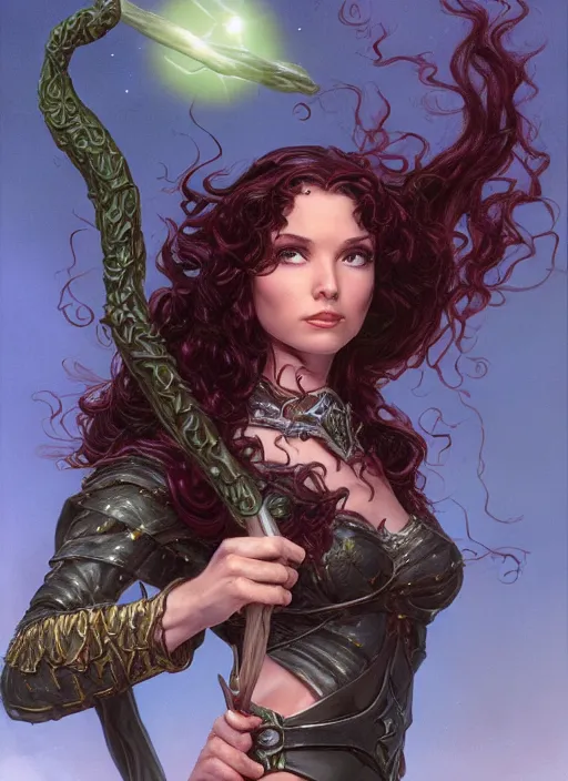 Image similar to a beautiful elf witch with long curly dark hair, holding a wand with a very large magical gemstone at the top radiating energy, d & d fantasy character, detailed matte painting, studio lighting, octane render, by larry elmore and michael whelan