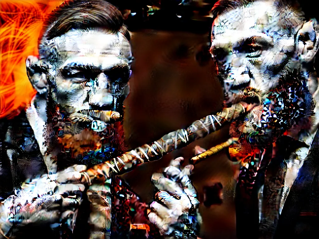 Image similar to a intricately detailed portrait of conor mcgregor smoking a cigar in an irish pub with a neon bar, trending on art station, in the style of the movie heat, volumetric lighting & shadows, hyper detailed, digital art, unreal engine, 4 0 0 mm f 1. 8,