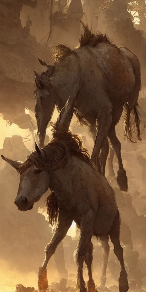 Image similar to a single wild donkey is roaming in a post - apocalyptic united states, highly detailed, digital painting, artstation, concept art, smooth, sharp focus, illustration, art by artgerm and greg rutkowski and alphonse mucha, 8 k