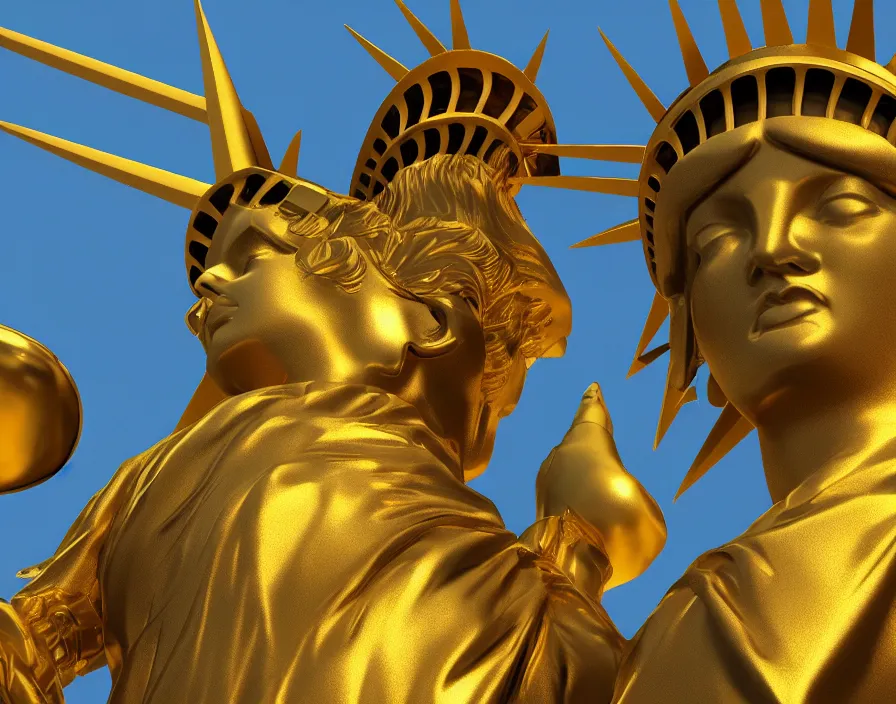 Image similar to statue of liberty but it's made from gold and sing a rap with diamond microphone, beautiful graphics, fantasy artwork, very beautiful scenery, hd, hdr, ue 5, ue 6, unreal engine 5, cinematic 4 k wallpaper, 8 k, ultra detailed