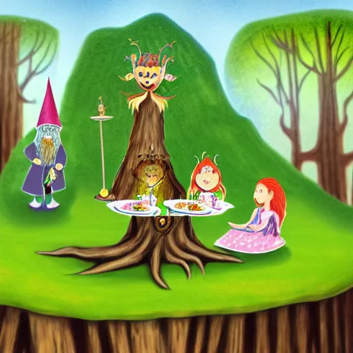 Image similar to children's book illustration of a manticore at a tea party with a gnome wizard and and ogre knight of the realm. Setting is a forest. Table is a tree stump with a kettle on top