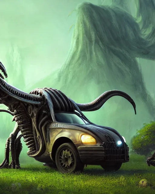 Image similar to xenomorph taxi car in a fantasy village, calming, uplifting mood, ultra realistic, farm, small buildings, highly detailed, atmosphere, masterpiece, epic lighting, elves, green plants, magic, illuminated, 4 k, cinematic, morning sun, art by eddie mendoza and sylvain sarrailh and jonathan berube