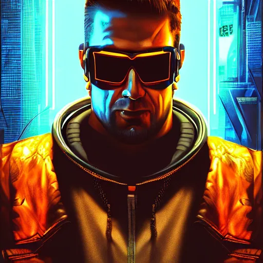 Image similar to a portrait of cyberpunk Duke Nukem wearing reflective surface mirror surface shades mirrorshades, Night City, cyberpunk 2077, neon megacity in the background, angry and bored, illustration, soft lighting, soft details, painting oil on canvas by mark arian by artgerm, trending on artstation, 4k, 8k, HD