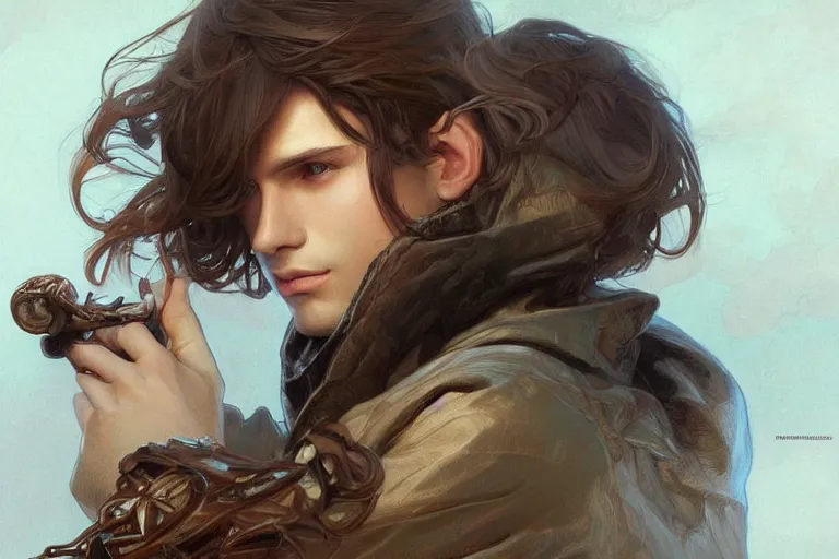 Image similar to brown hair, The Most Beautiful Boy in the World , fantasy, intricate, highly detailed, digital painting, artstation, concept art, matte, sharp focus, illustration, art by Artgerm and Greg Rutkowski and Alphonse Mucha