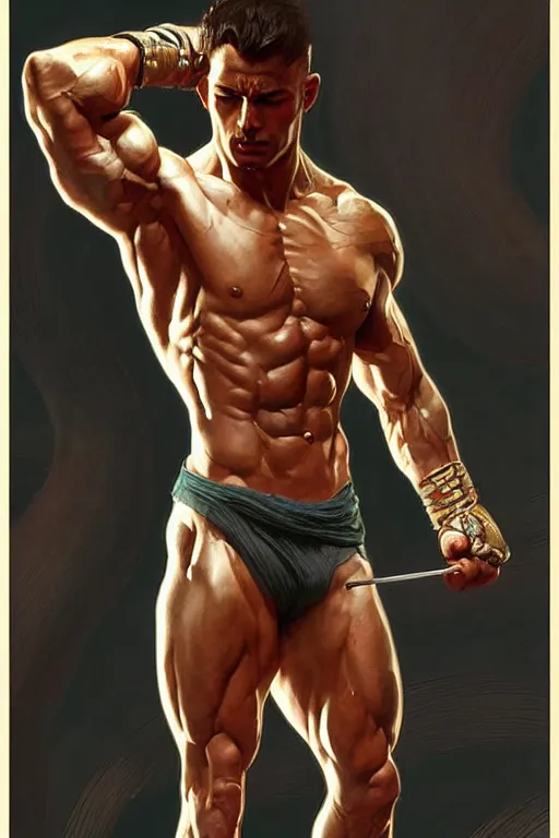 Image similar to A muscular fighter, fit, very muscular male body, intricate, highly detailed, digital painting, artstation, concept art, sharp focus, illustration, art by greg rutkowski and alphonse mucha