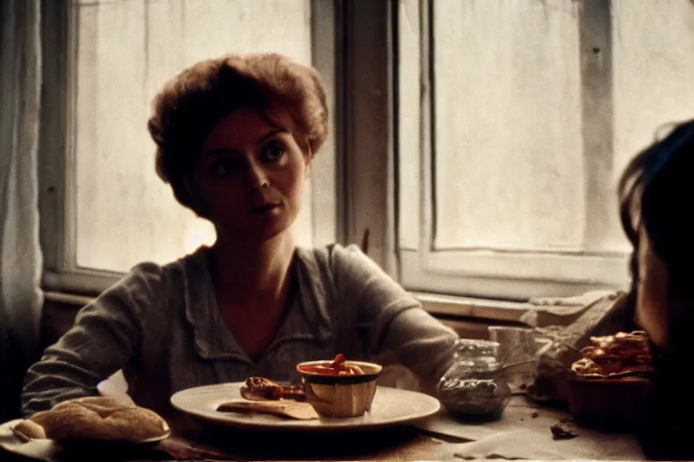 Image similar to soviet movie still a soviet woman sitting at a table next to the window with food, dark warm light, a character portrait by margarita terekhova, movie stalker solaris film still by andrei tarkovsky, 8 k, 1 9 8 4, close - up bokeh, gelios lens, color, noir