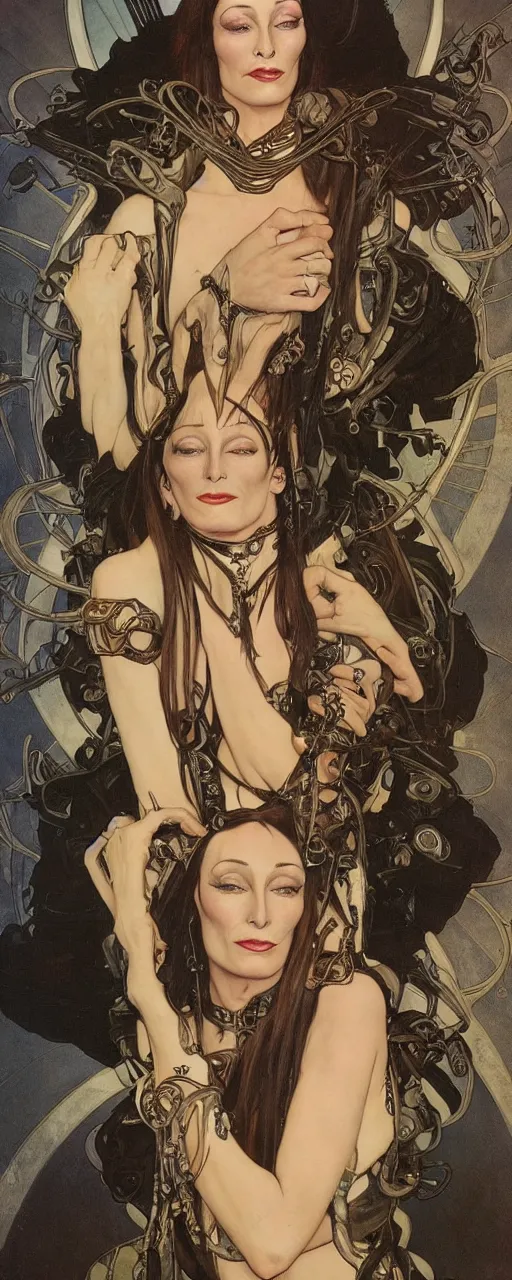 Prompt: striking sensual cartoon art nouveau style portrait of anjelica huston as an industrial crustpunk rebel soldier by glenn fabry, simon bisley and alphonse mucha, photorealism, extremely hyperdetailed, perfect symmetrical facial features, perfect anatomy, ornate declotage, spikes, latex, excited expression, wild eyes