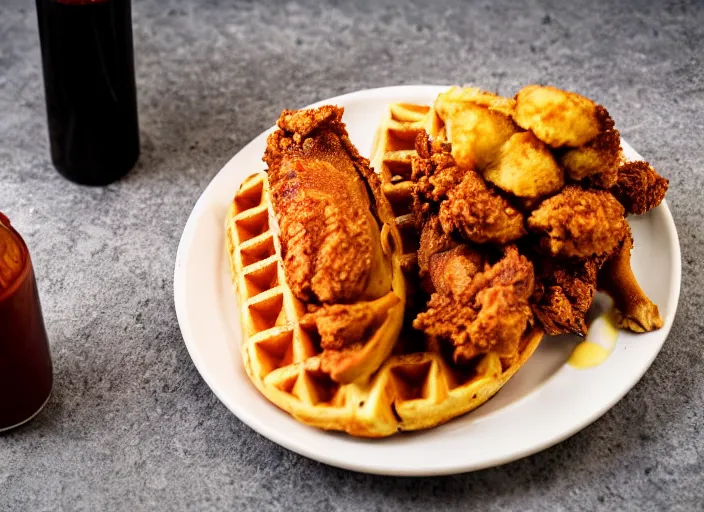 Image similar to dslr food photograph of a belgian waffle with fried chicken on top drizzled with maple syrup and a bottle of hot sauce on the side, 8 5 mm f 1. 8