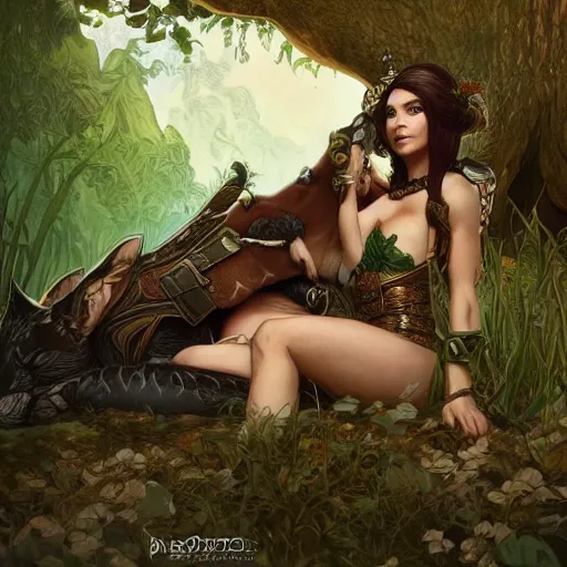 Image similar to An female elf ranger and her pet jaguar resting in the shade of a tree, D&D, fantasy, intricate, highly detailed, digital painting, artstation, WLOP, Artgerm, Alphonse Mucha