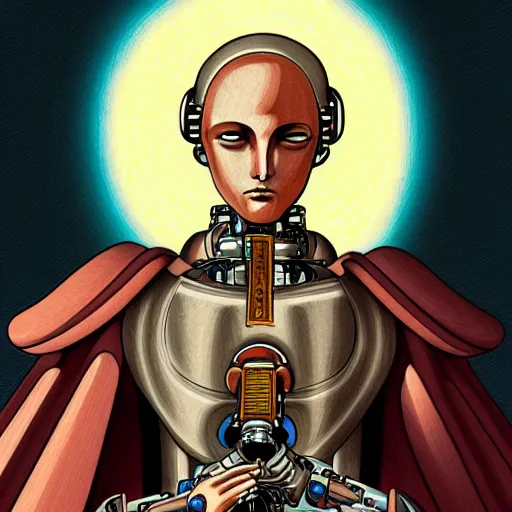 Prompt: detailed color manga illustration of a renaissance Saint with a halo, as a cyborg robot, cyberpunk, dark, akira, davinci, sistine chapel, sci-fi