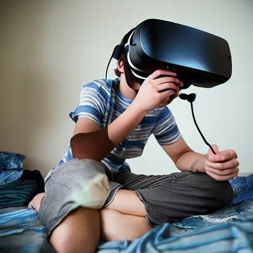 Prompt: A teenage caucasian boy wearing a VR-headset sitting on his messy bed, the room is very small with a lot of junk laying around. The dim room is lit by a bright light escaping from the VR-headset. dim lighting, award-winning