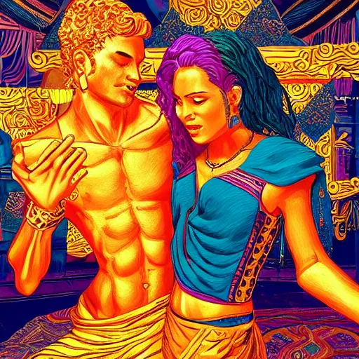 Prompt: tired man worshipping golden goddess woman, vibrant color scheme, intricately detailed, in the style of realism, cinematic, artstation,