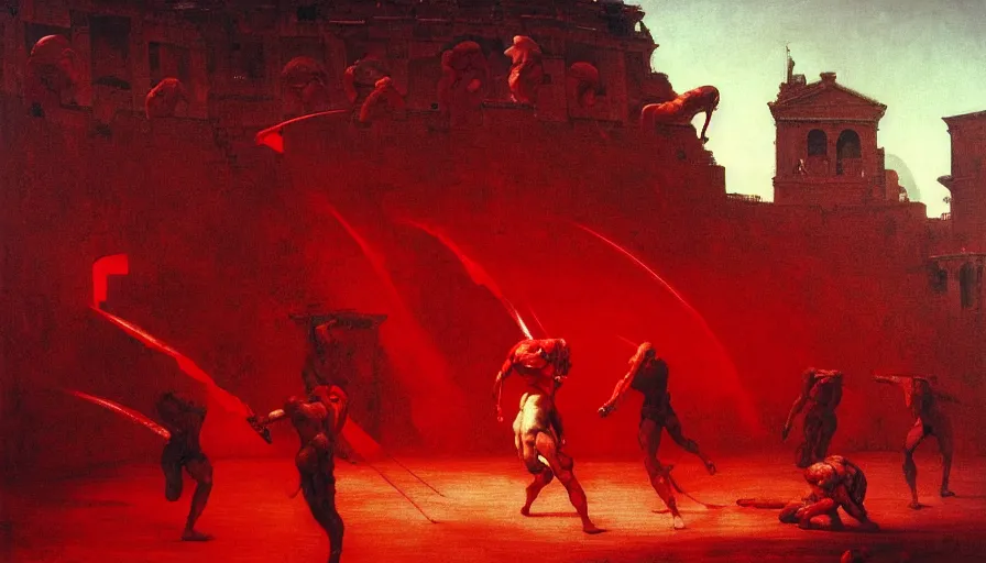 Image similar to only with red, bloody armored gladiator battle in a crowded roman amphitheatre, crowd cheering, in the style of beksinski and edward hopper and rodcenko and yue minjun and greg rutkowski, intricate and epic composition, red by caravaggio, highly detailed, masterpiece, red light, artstation, art nouveau