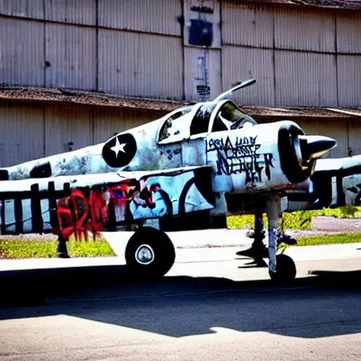 Image similar to Fairchild A-10 Thunderbolt covered in street art, in bone yard