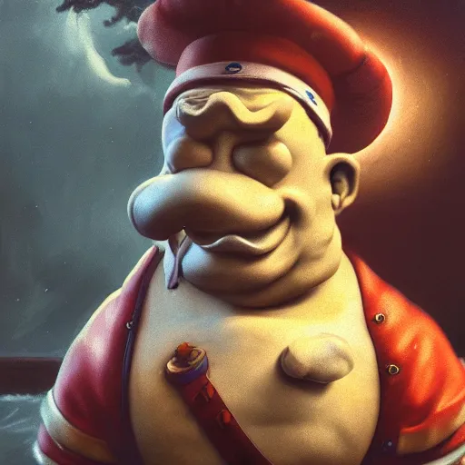 Image similar to 3 5 mm photo of popeye the sailor man, huggy wuggy from poppy playtime video game, fullbody, ultra high detailed, glowing lights, oil painting, greg rutkowski, charlie bowater, beeple, unreal 5, daz, hyperrealistic, octane render, rpg portrait, dynamic lighting, fantasy art, beautiful face, old photo, antique photo