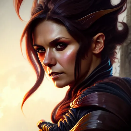 Image similar to Nina Dobrev as a fantasy rogue, closeup character portrait, D&D, fantasy, intricate, elegant, highly detailed, digital painting, artstation, concept art, matte, sharp focus, illustration, art by Artgerm and Greg Rutkowski and Alphonse Mucha