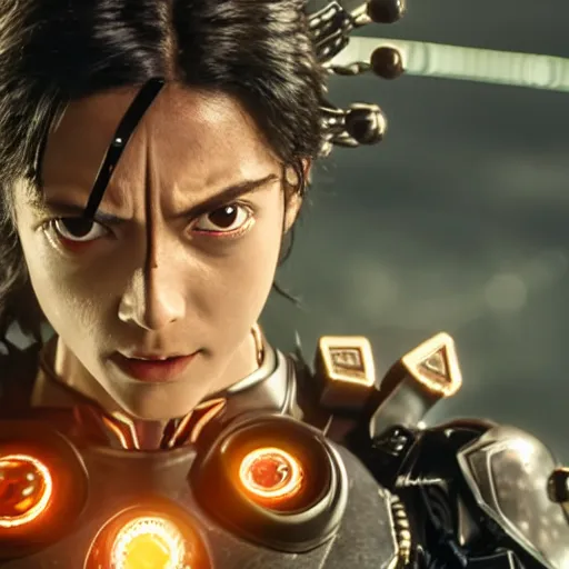 Prompt: cinematic still of kamen rider in alita : battle angel ( 2 0 1 9 ), xf iq 4, f / 1. 4, iso 2 0 0, 1 / 1 6 0 s, 8 k, raw, dramatic lighting, symmetrical balance, in - frame