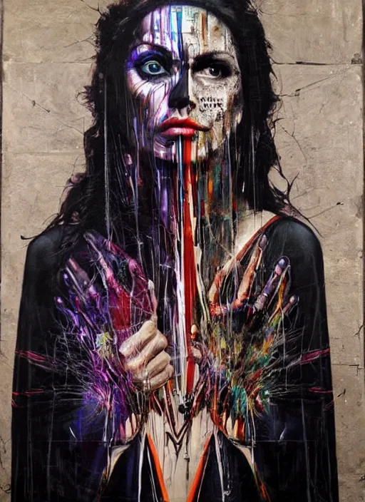 Image similar to cult magic psychic woman, subjective consciousness psychedelic, epic surrealism expressionism symbolism story iconic, dark robed witch, oil painting, robe, symmetrical face, greek dark myth, by Sandra Chevrier, Nicola Samori masterpiece