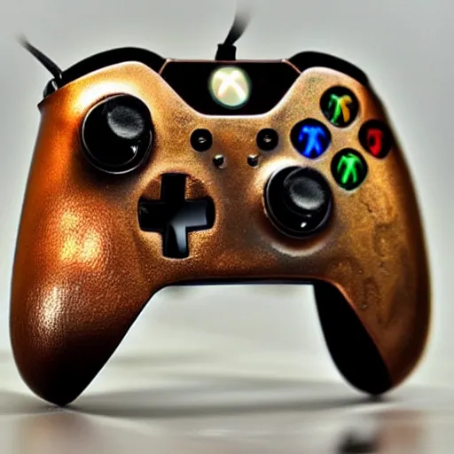 Prompt: a detailed steam punk xbox controller covered with lots of detailed copper and glass and metal