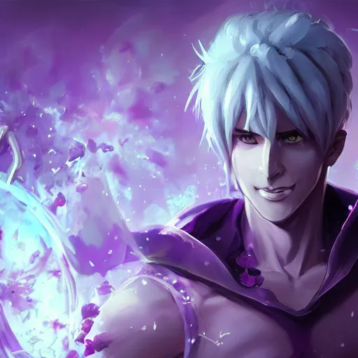 Image similar to male necromancer purple skin casting magic spell, anime key visual, handsome and attractive man, highly detailed, smooth, sharp focus, trending on artstation, concept art, by shumolly and monable and artgerm and greg rutkowski and jo chen and pilyeon and ruan jia