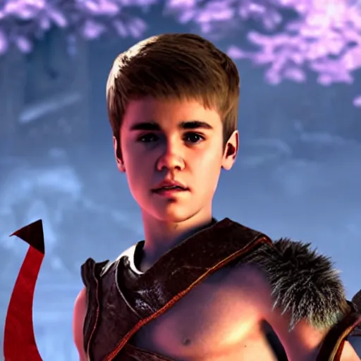 Prompt: justin bieber in the God of War game