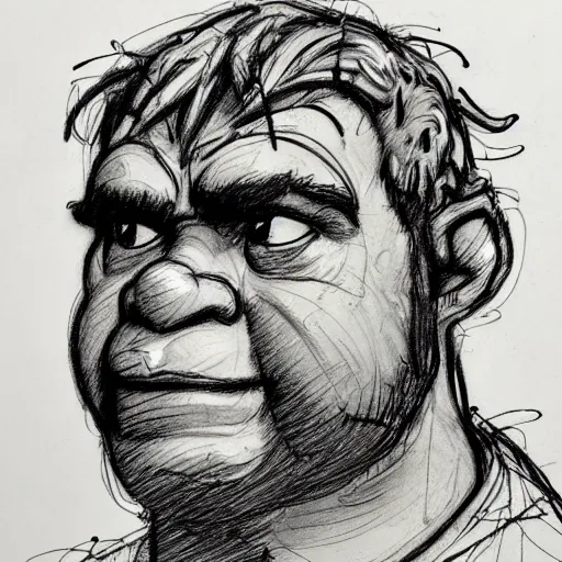 Prompt: a realistic yet scraggly portrait sketch of the side profile of a stern and sophisticated shrek, trending on artstation, intricate details, in the style of frank auerbach, in the style of sergio aragones, in the style of martin ansin, in the style of david aja, in the style of mattias adolfsson