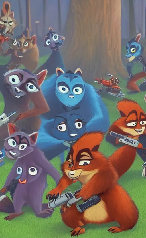 Prompt: “red racoons facing off with blue racoons in the style of zootopia, they’re all holding a laser gun”