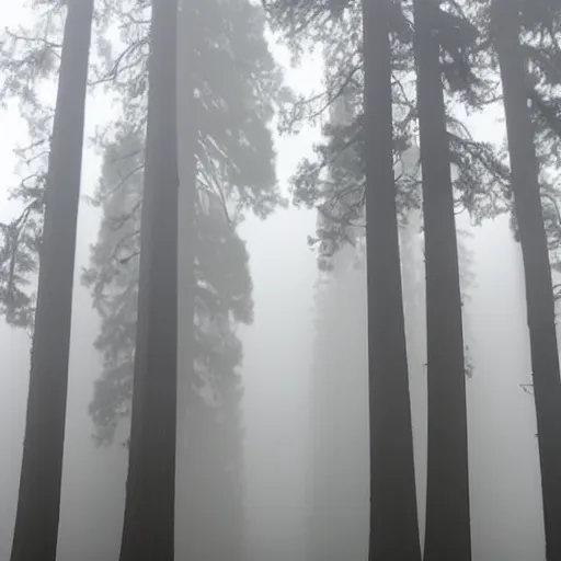 Prompt: extremely foggy sequoia forest, dense fog, huge tree trunks, white mist and fog, low visibility, spooky
